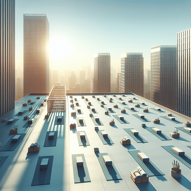 early arrival at rooftop yoga class with empty mats
