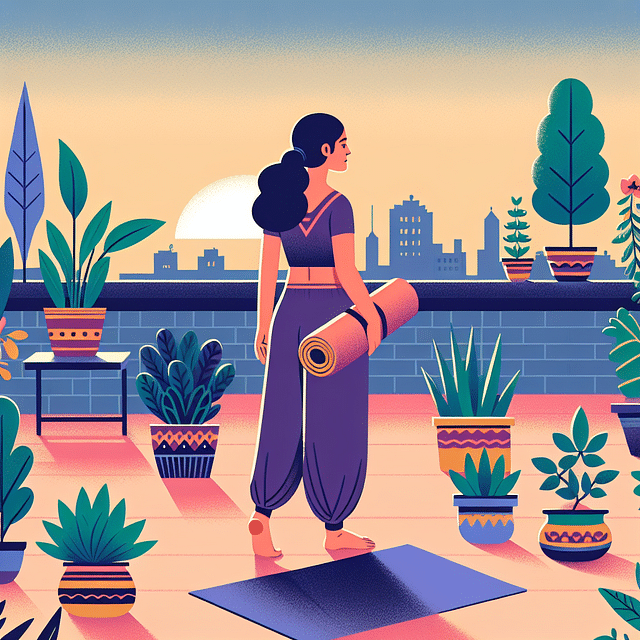 exploring a rooftop garden after yoga class