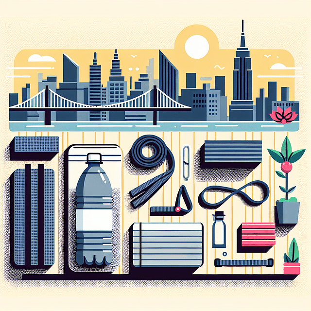 yoga mat and gear with NYC skyline in the background