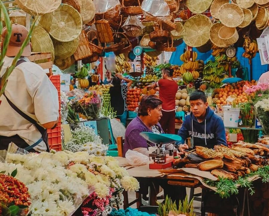 Colorful Mexican market with traditional goods